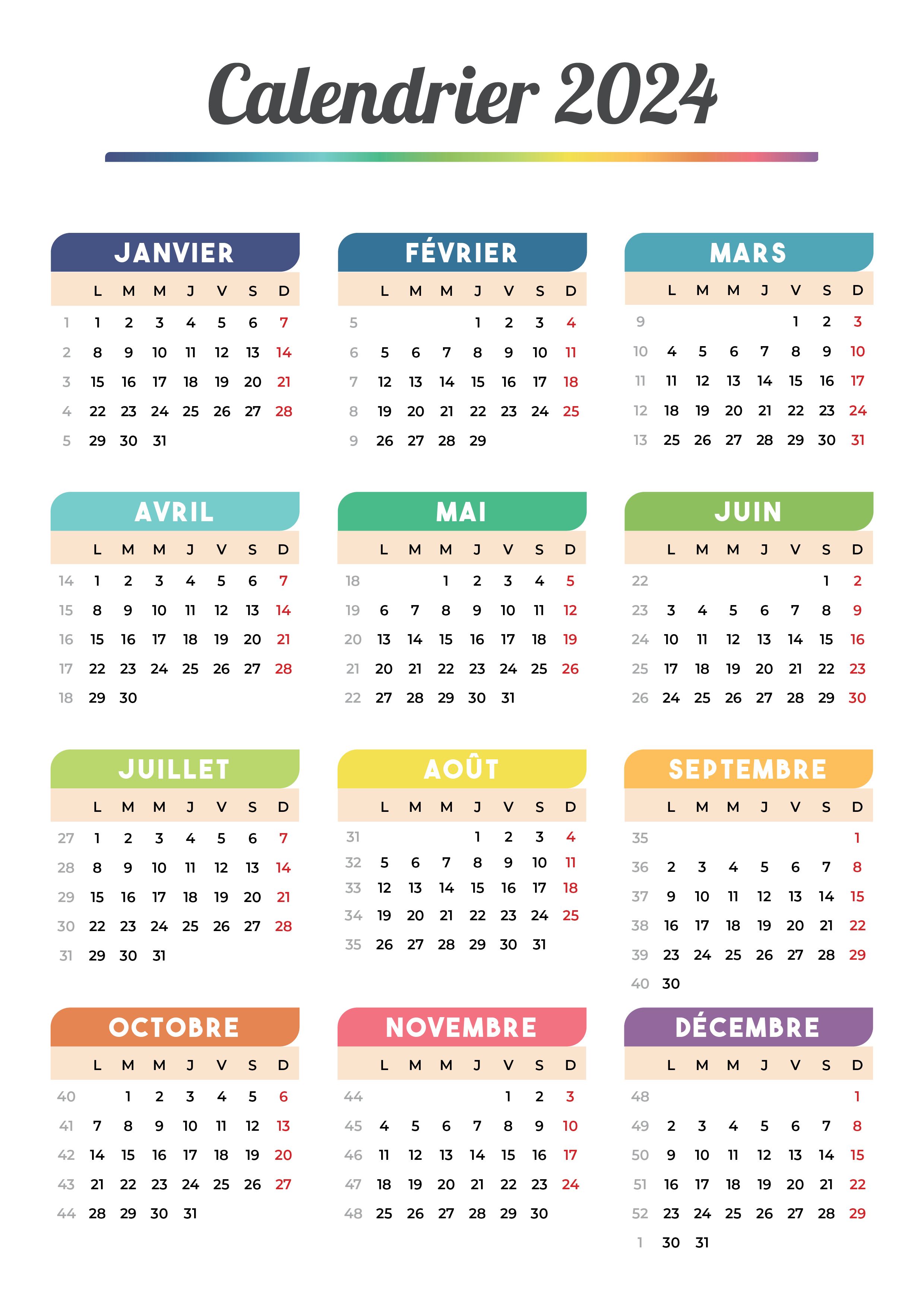 Calendrier 2024 à imprimer - Agenda 2024 gratuit - Planitica